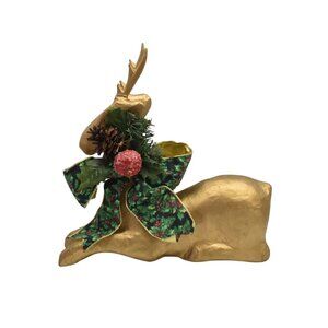 Gold Reindeer Figurine Paper Mace Laying Green Holiday Ribbon Pinecone